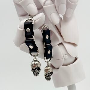 Hot Topic Skull Faux Leather Strap Dangle Earrings Black Silver Goth Punk